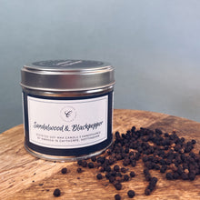 Load image into Gallery viewer, Sandalwood &amp; Black Pepper Tin Candle
