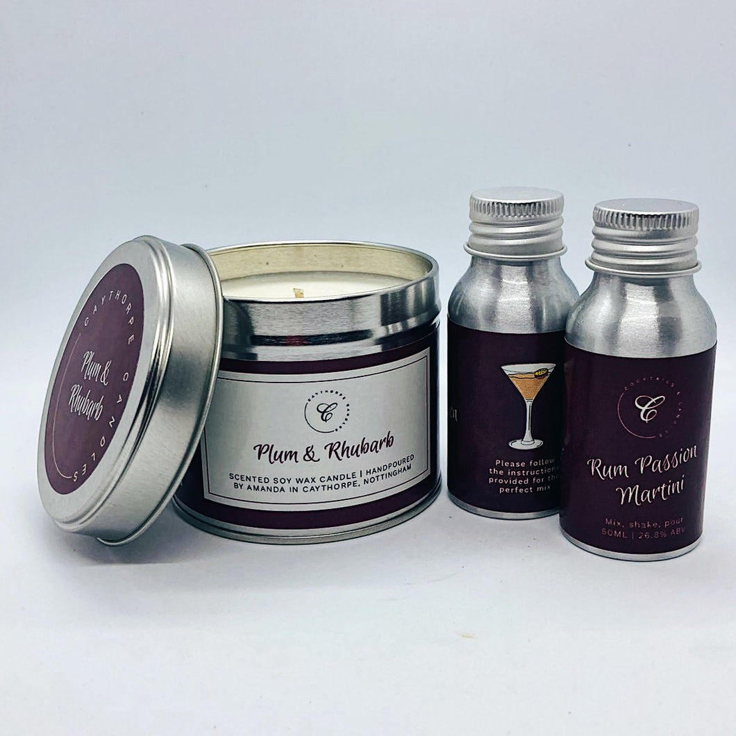 Duo of Rum Passion Martinis & Plum & Rhubarb Tin Candle